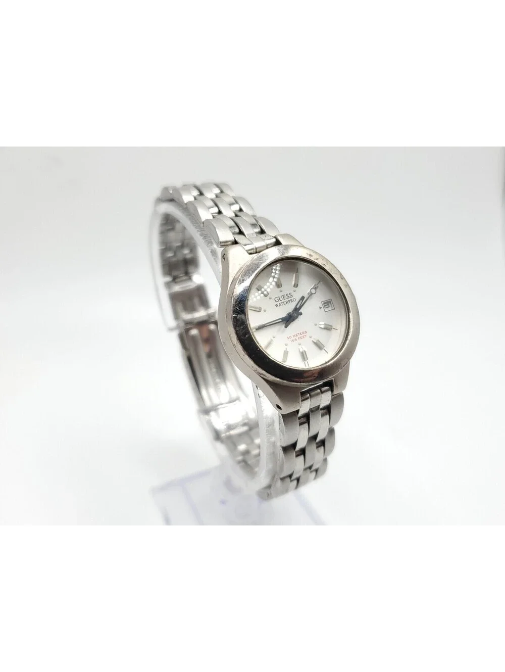 Guess Waterpro Quartz Watch Womens New Battery Silver Tone White Date Dial 25mm